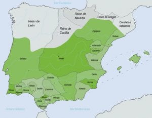 Os taifas, estados de al-Andalus em 1.031, após a queda do Califado de Córdoba.