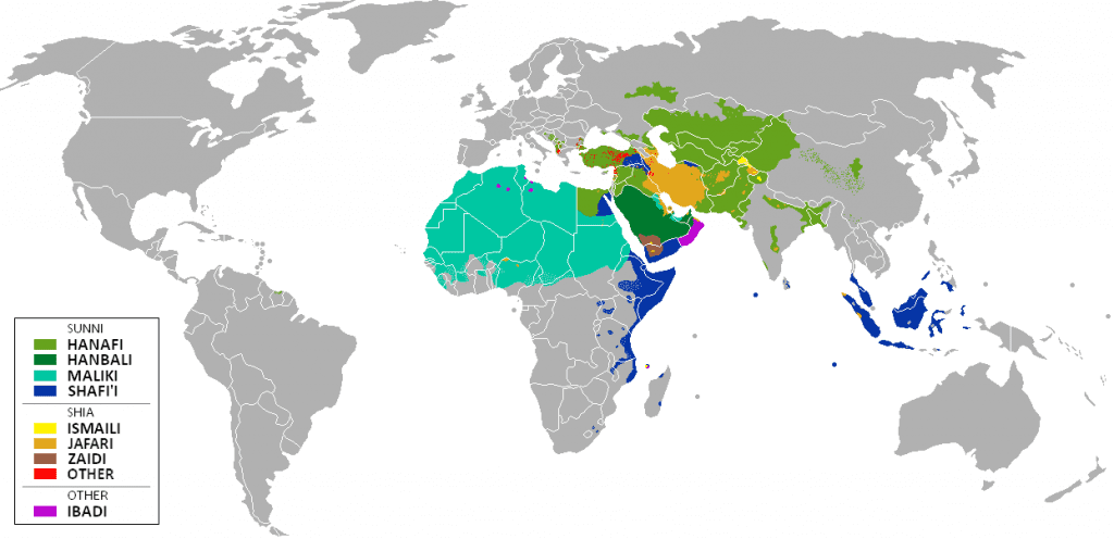 Um mapa da distribuição de todo o mundo de hoje com as madhabs. A madhab Shafi está em azul.