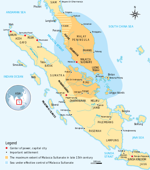 O Sultanato de Malaca na sua maior extensão no final dos anos 1400.