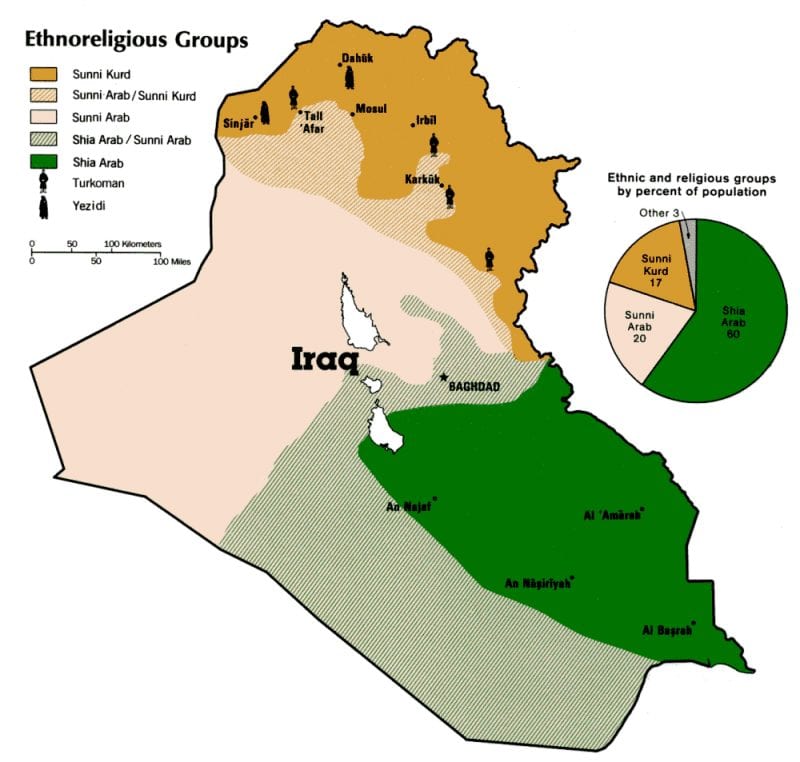 Mapa de grupos étnicos e religiosos no Iraque